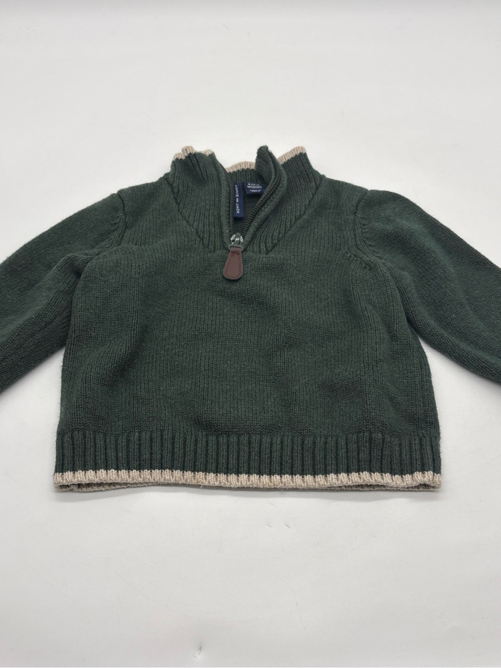 Janie and Jack Dark Green Half-Zip Sweater with Beige Trim